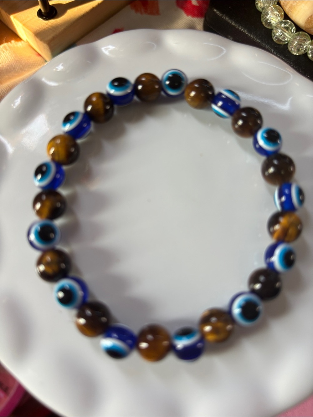 Evil Eye Beaded Bracelet in Blue and Brown Tiger Eye